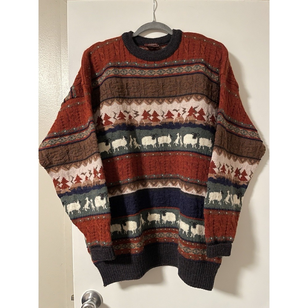Vintage Concept Knitwear Wool Sweater Sheep Trees Made In Britain Mens XL